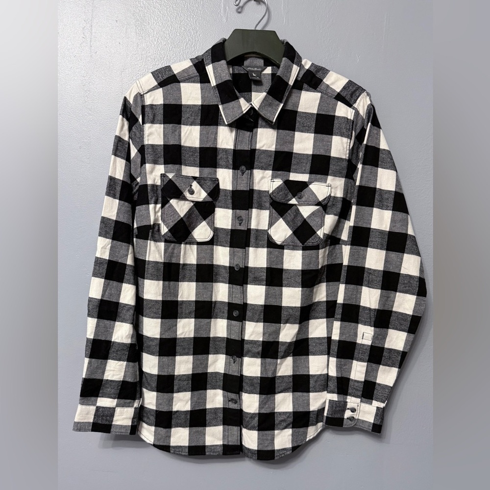 #1)  Eddie Bauer Black and White Checkered Button Down Flannel Shirt (Soft)